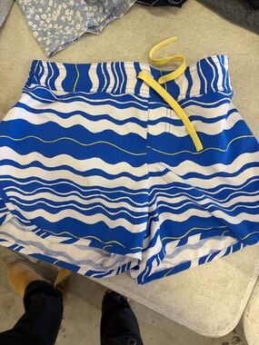 Columbia Blue and White Wave-Print Athletic Shorts with Yellow Drawcord